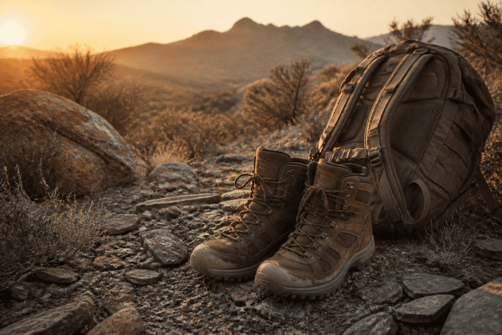 Breathable hunting boots on dry rocky ground in hot late-summer terrain
