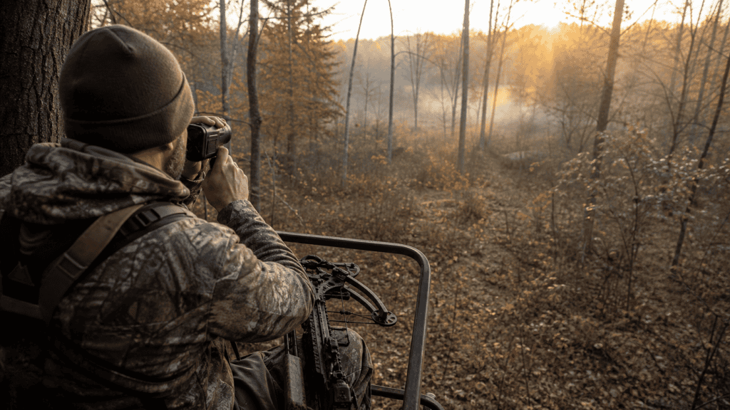 Crossbow hunter using a laser rangefinder from a tree stand at dawn