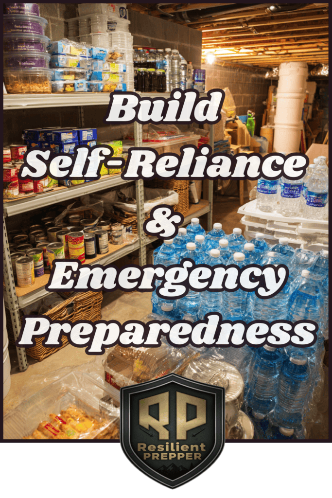 Storage room stocked with bottled water, canned food, and supplies, featuring the text: “Build Self-Reliance & Emergency Preparedness” and the Resilient Prepper logo - perfect for every resilient prepper ready for any situation.