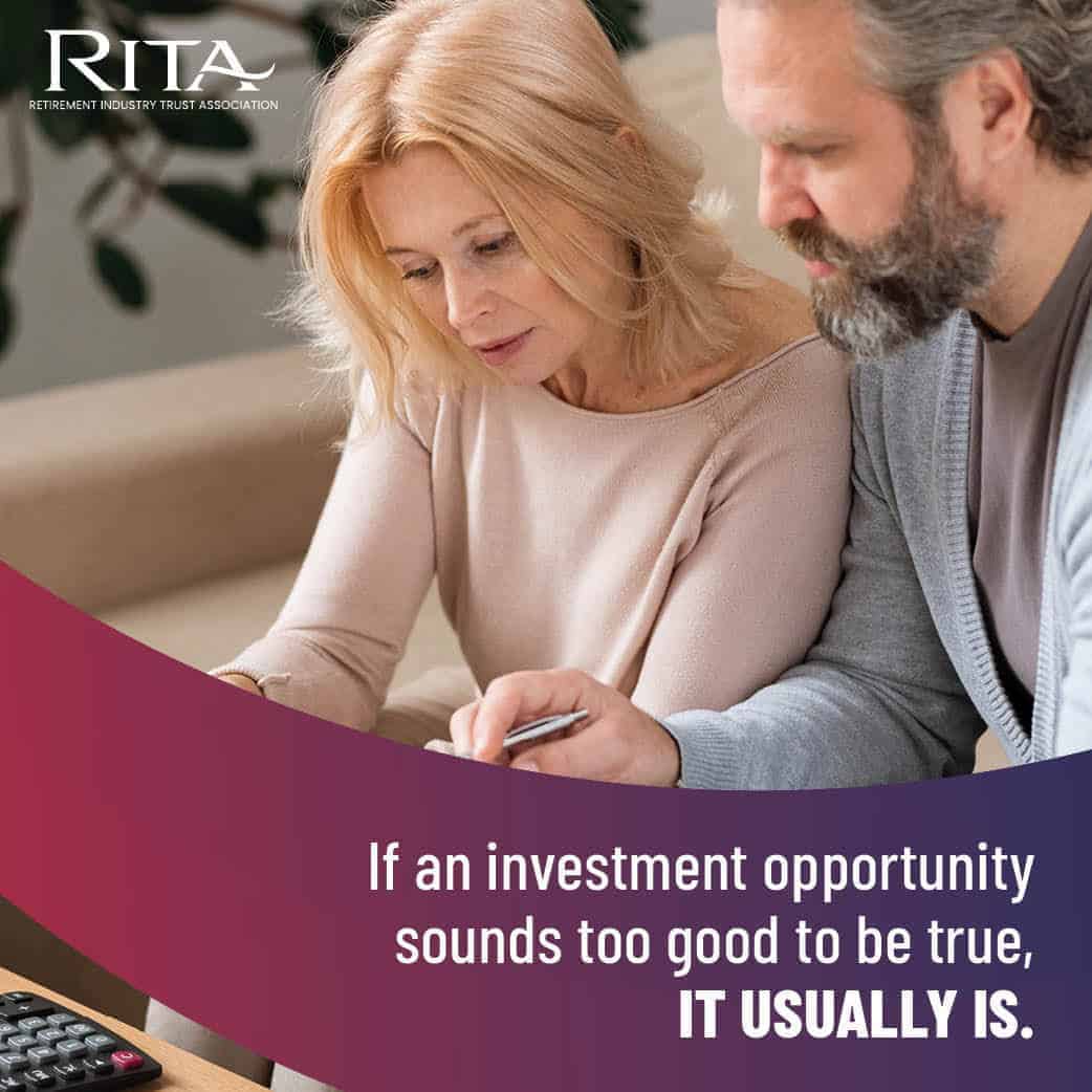 RITA anti fraud graphic with quote "If an investment opportunity sounds too good to be true, it usually is."