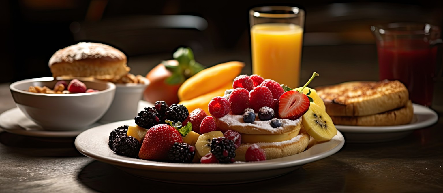 At the breakfast table background of a bustling restaurant, a plate was filled with a variety of delicious and healthy foods such as fruit, cheese, and bread, complemented by a steaming cup of coffee and a tempting slice of cake from the bakery, making for a mouth-watering menu that was sure to satisfy any food lover.