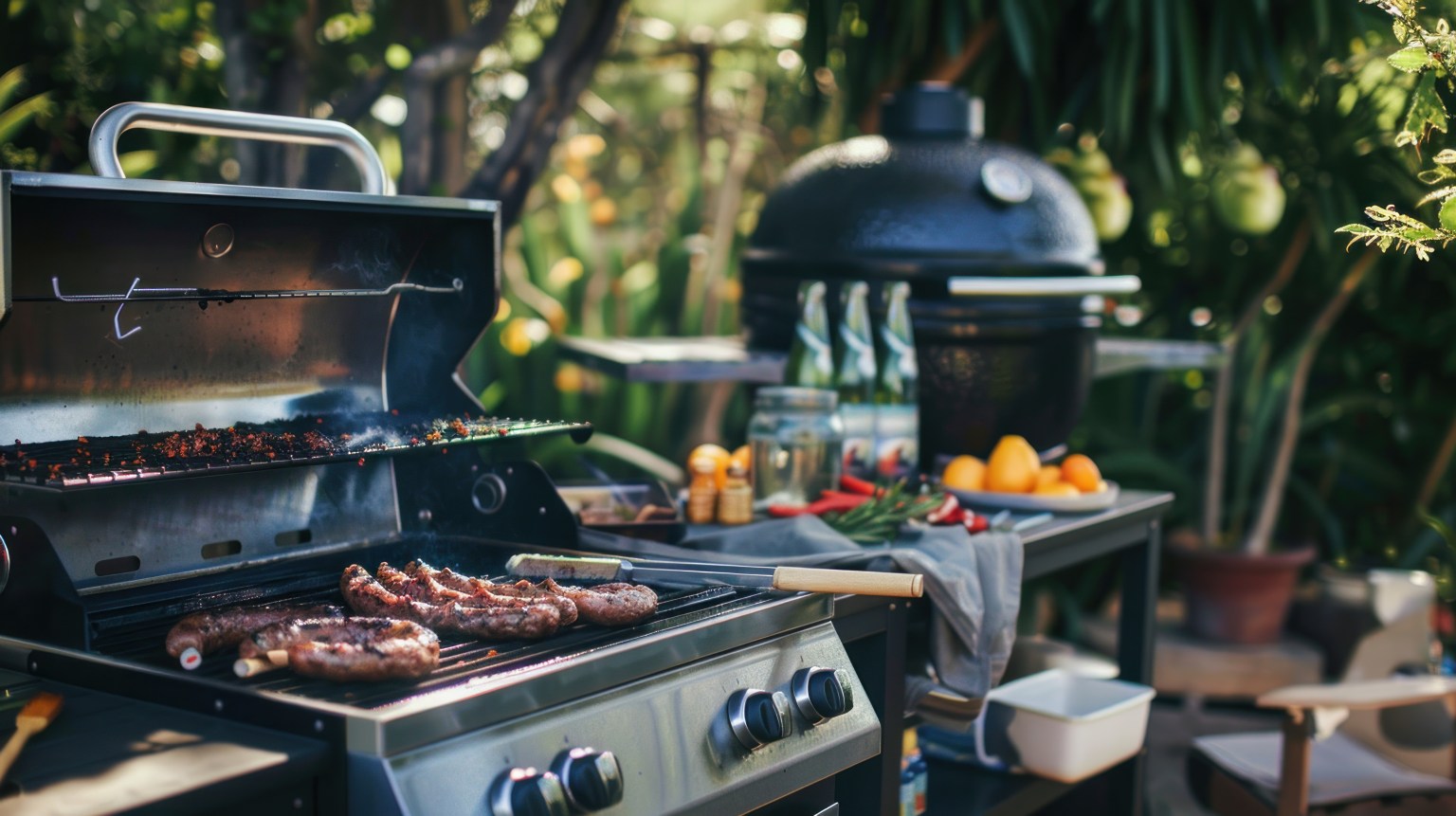 An outdoor kitchen setup featuring a high-end grill with BBQ tools
