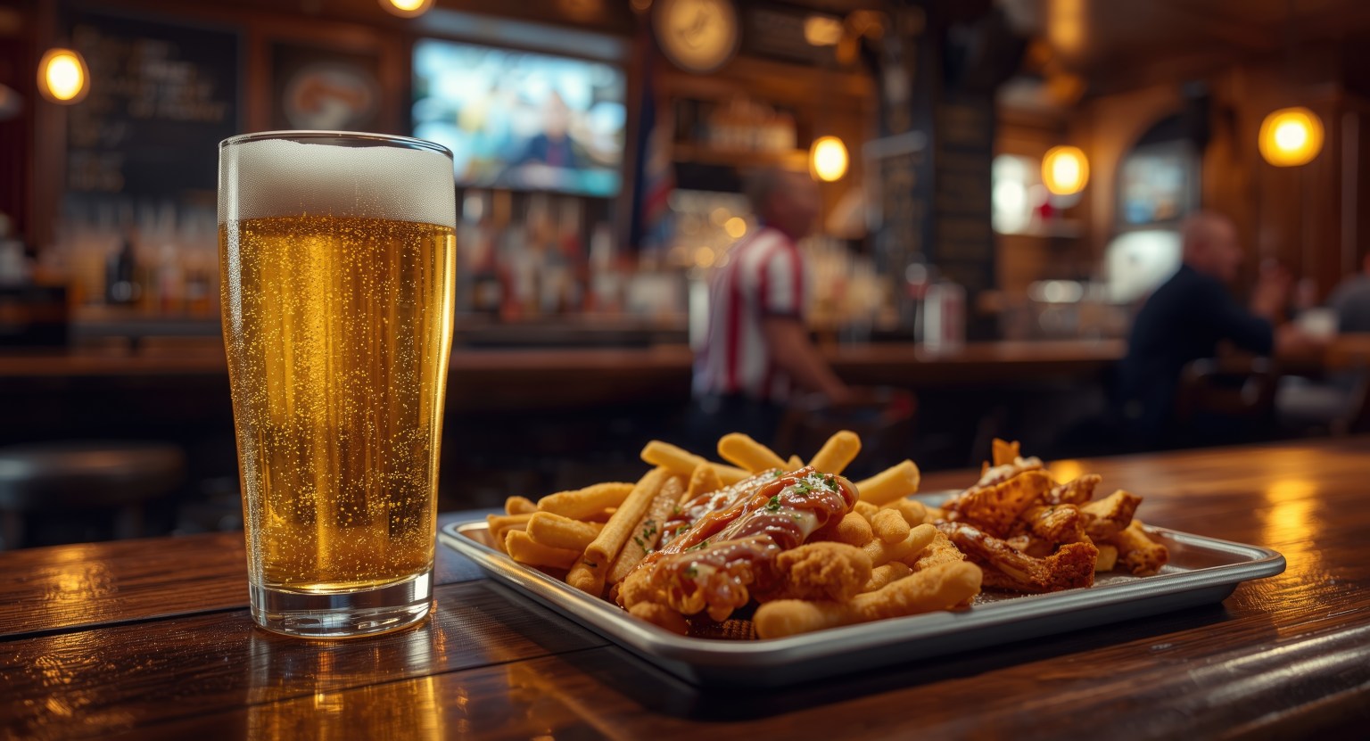 Sparkling beer poured in a glass next to a fast food snack assortment on a bar table at a lively sports bar