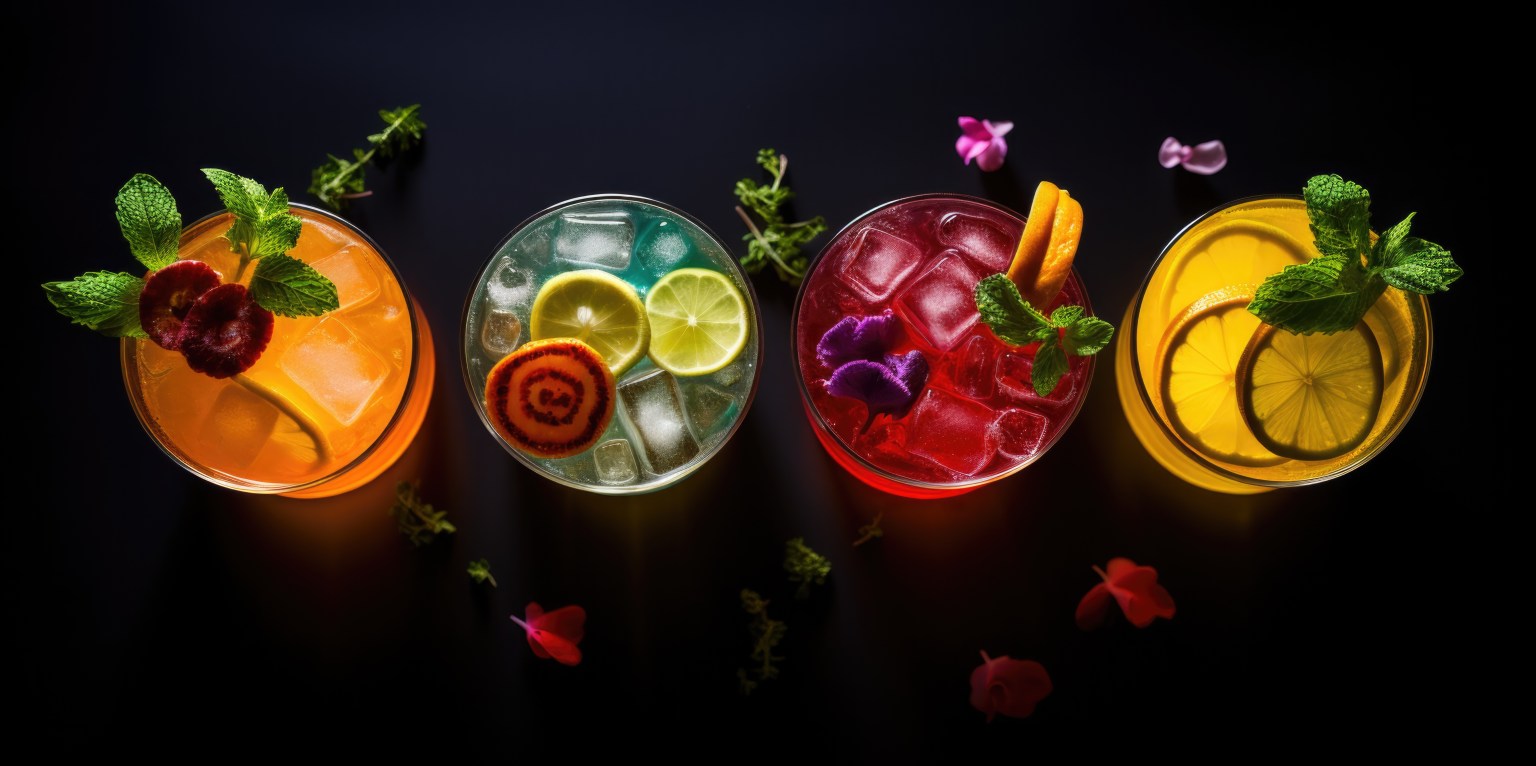Four brightly colored cocktails photographed from directly overhead