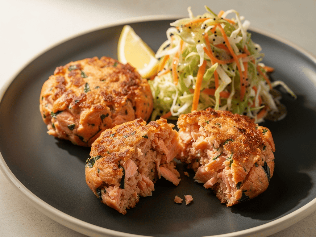 Crisp salmon cakes with celery-seed cabbage slaw and lemon.