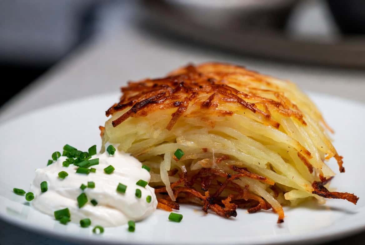 Crispy hash-brown gratin with chive sour cream