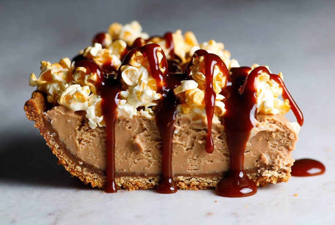 Popcorn icebox pie slice with cola caramel drizzle