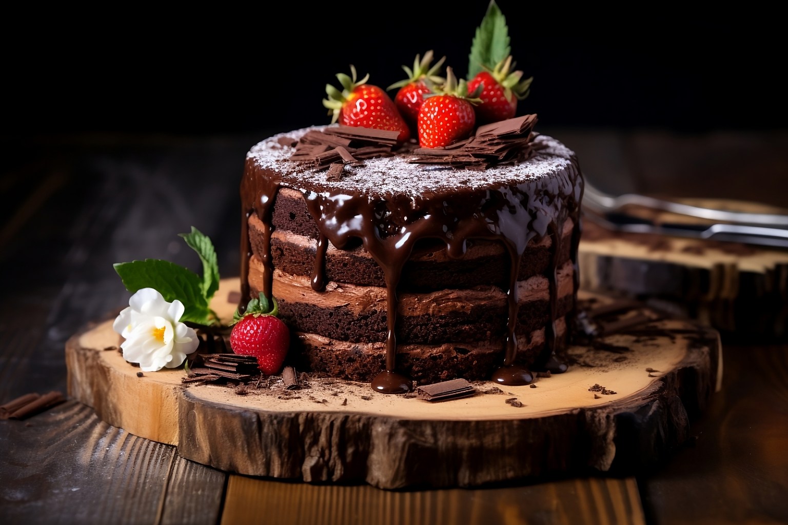 Chocolate cake under a dark glaze, topped with strawberries on a wooden cake stand