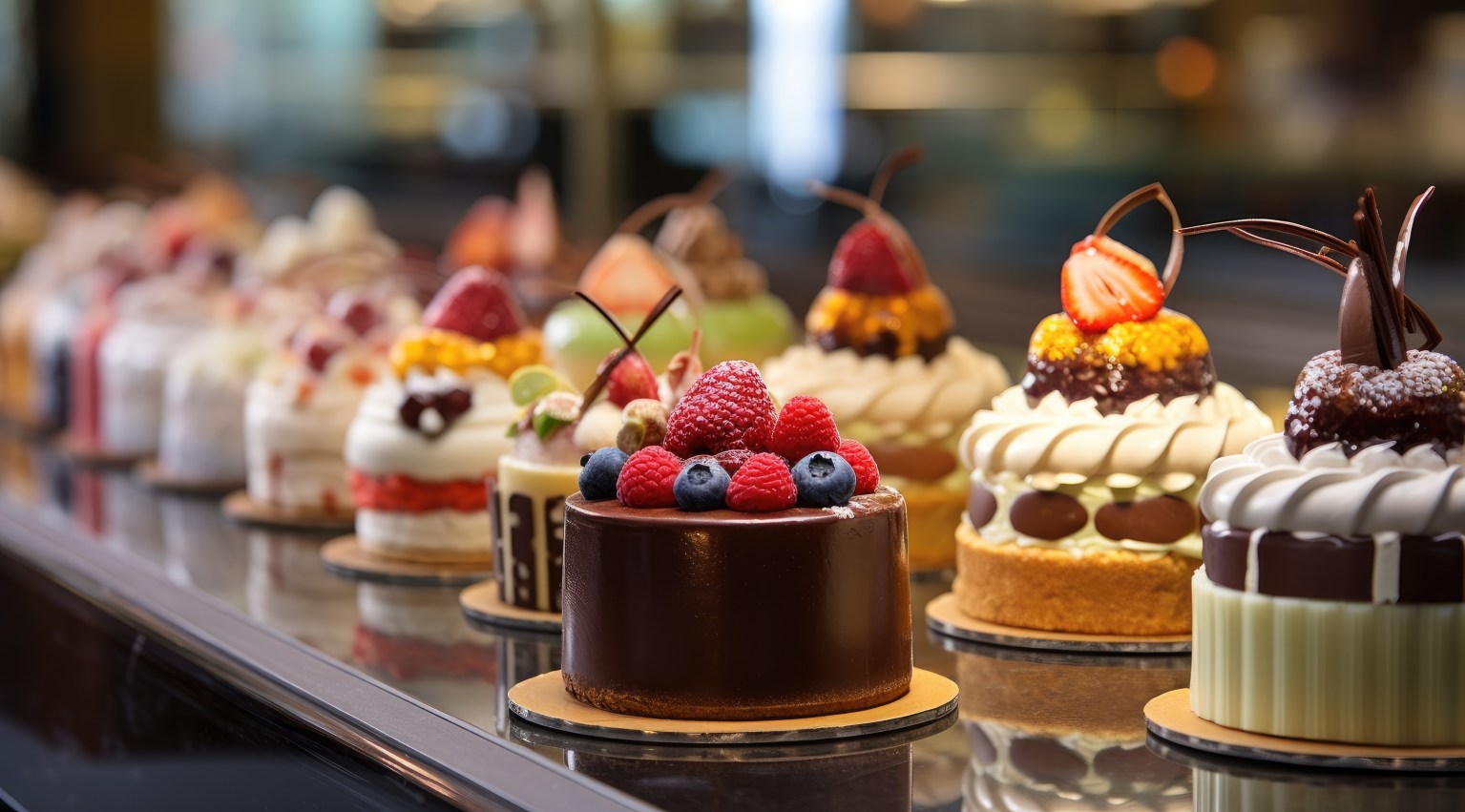 Row of small individual cakes displayed in a patisserie counter case
