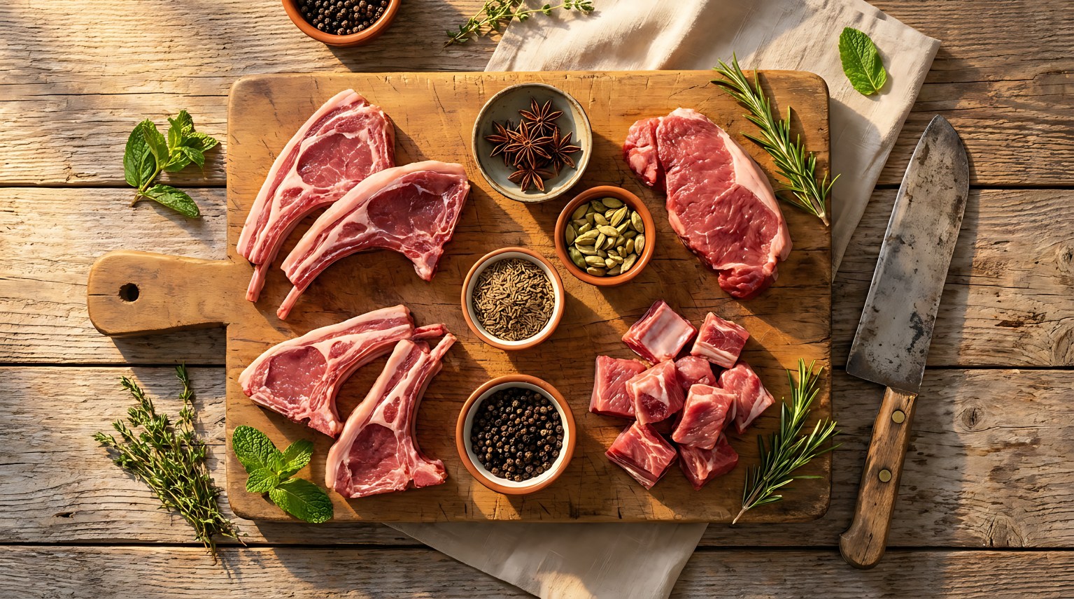 Raw meat cuts with rosemary and spices arranged on a wooden board, overhead