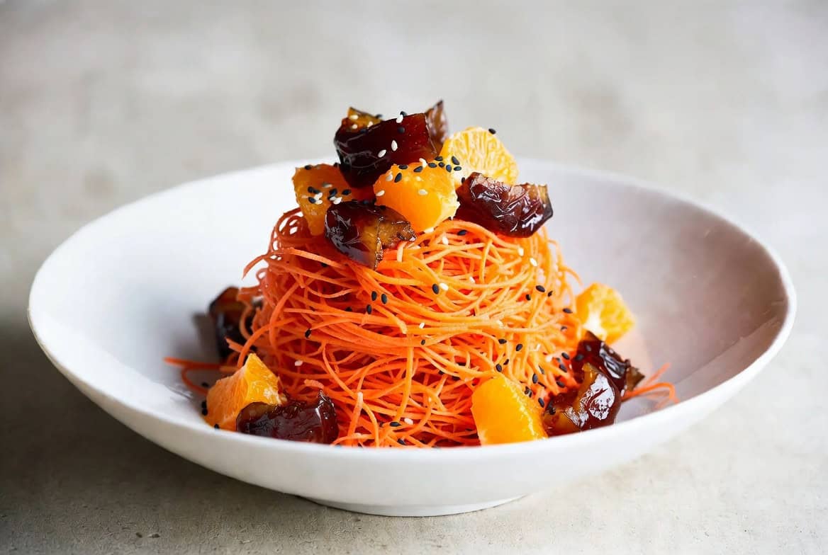 Carrot ribbon salad with orange dates and sesame seeds