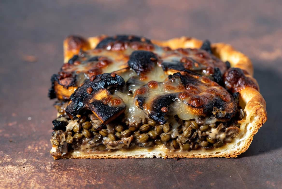 Mushroom lentil slab pie with charred mushrooms and smoked cheddar