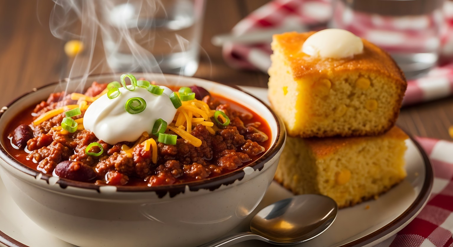 Hearty bowl of chili topped with melted cheese and sour cream, served with cornbread