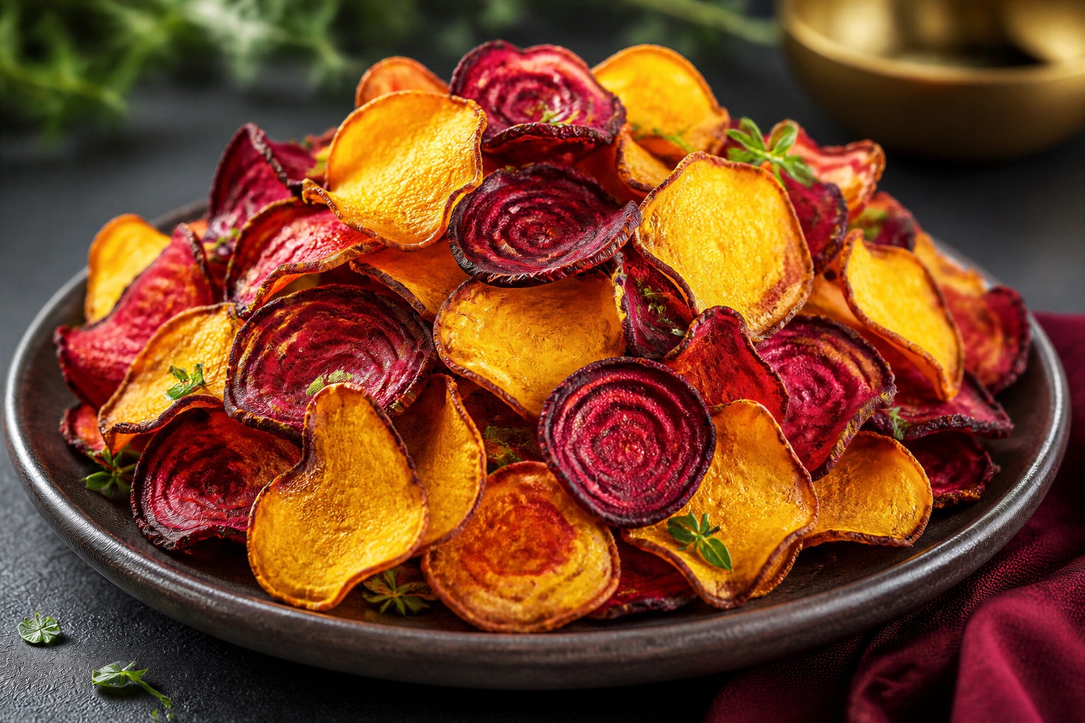 Beet and sweet potato chips stacked on dark ceramic plate