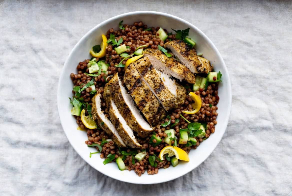 Zaatar grilled chicken over freekeh salad with cucumber and lemon