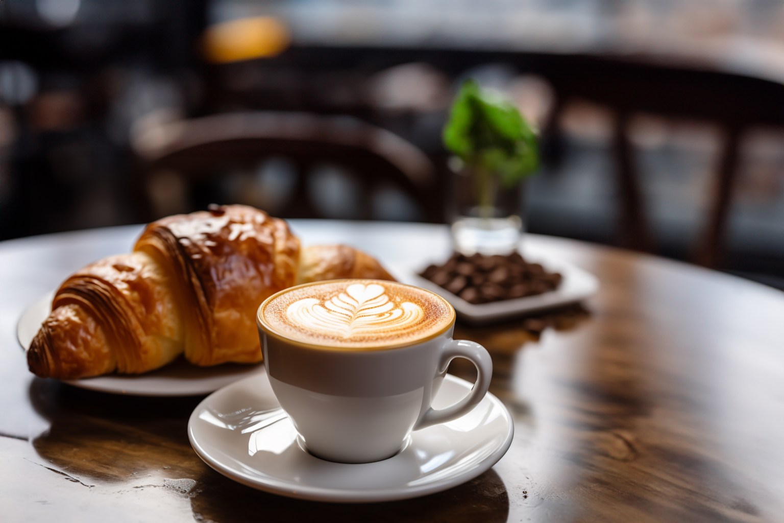 A croissant beside a latte with leaf art on a wooden cafe table