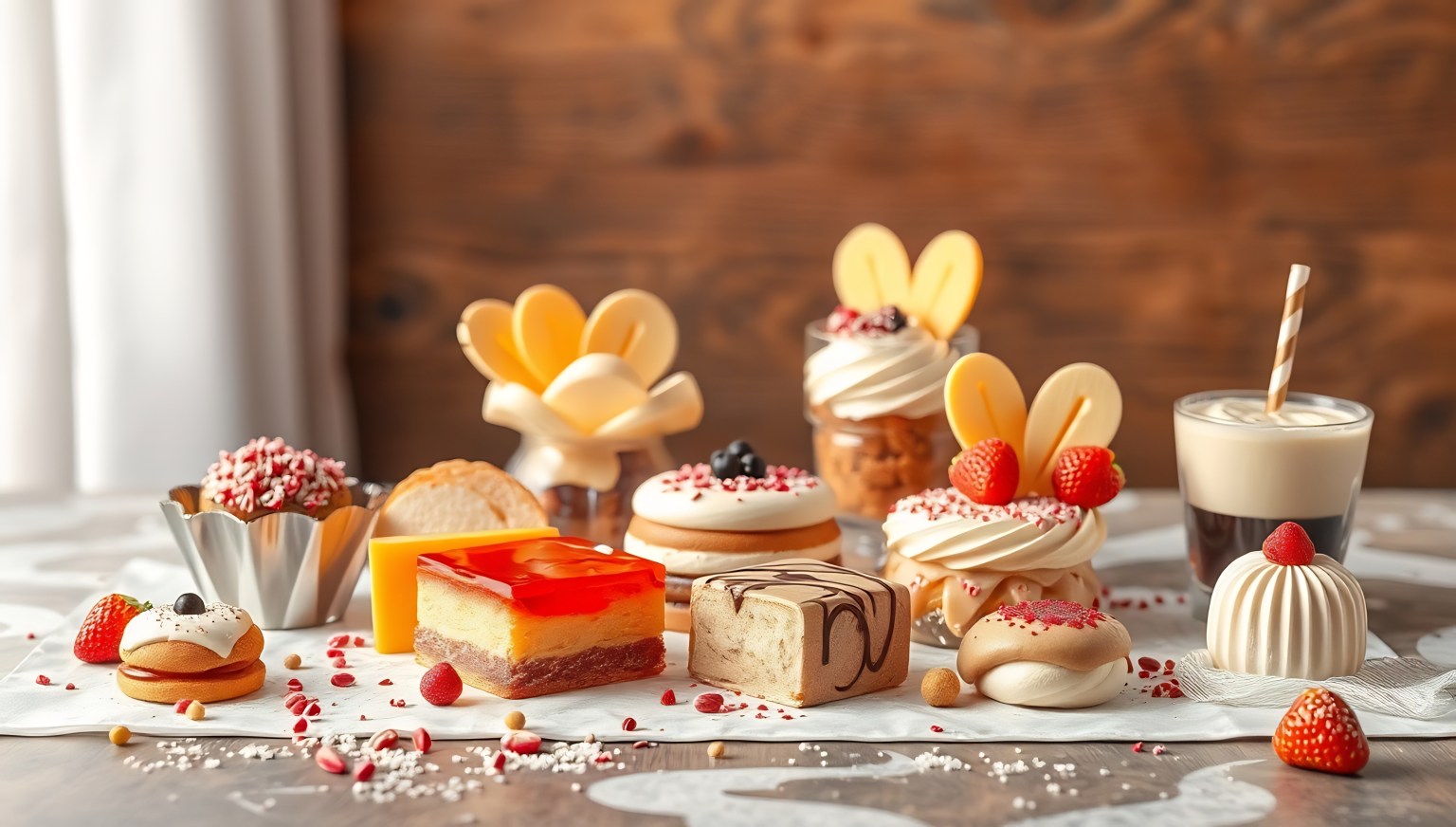 Assorted cakes, tarts, and small desserts arranged on a white tablecloth