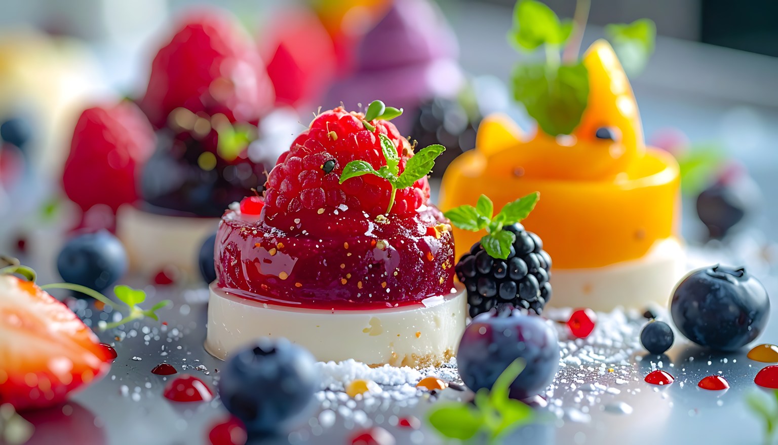 A plated dessert with strawberry, mango, blueberries, and cream
