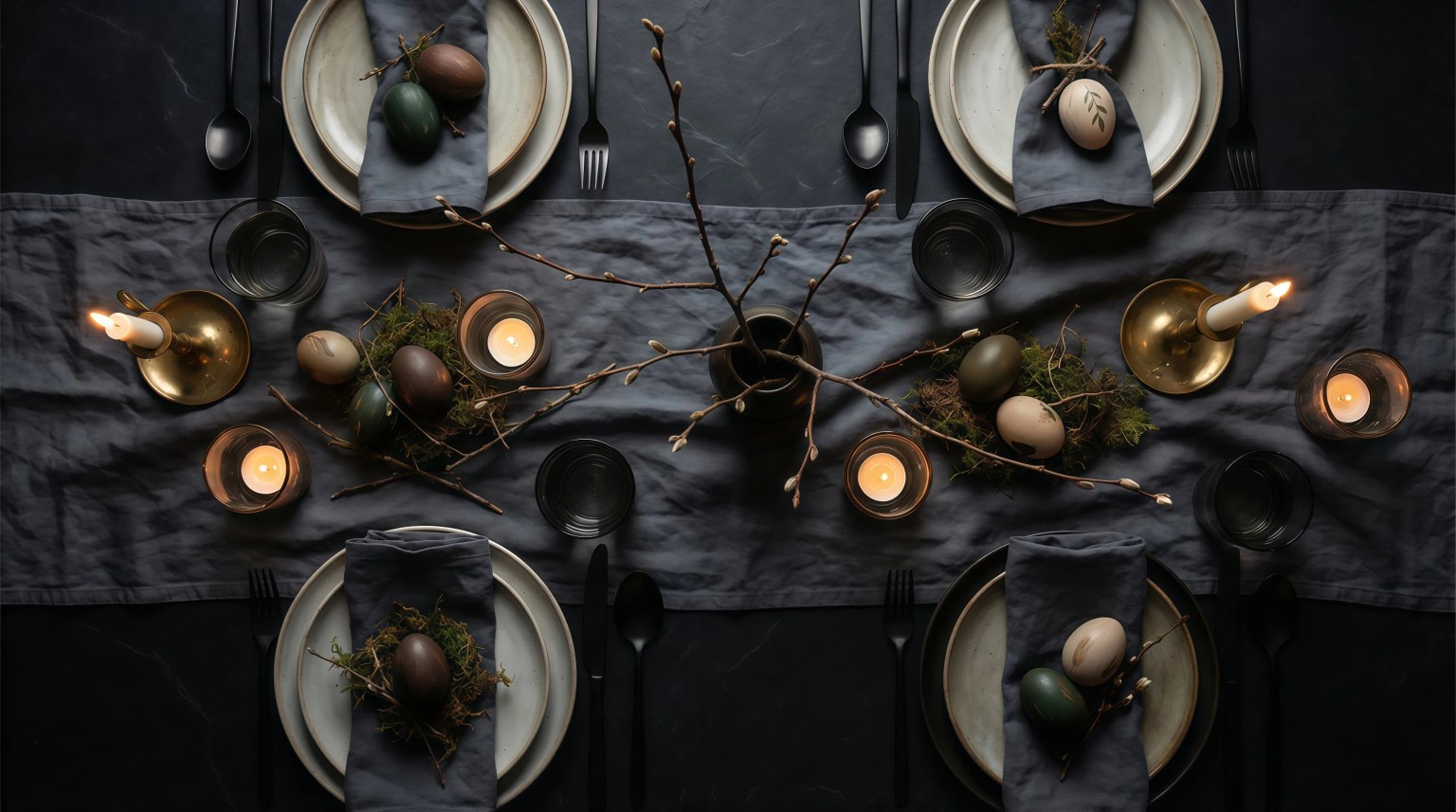 An overhead dark table setting with black plates, candles, and laid cutlery