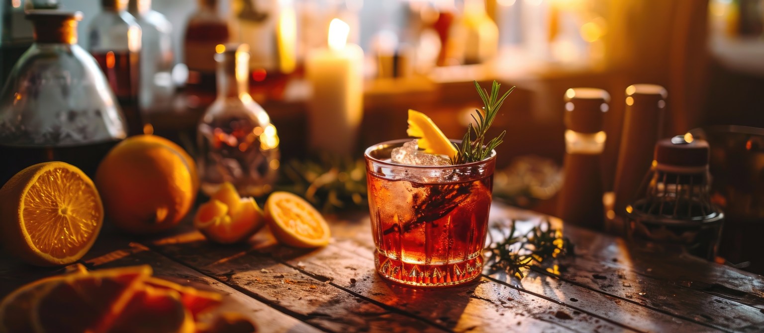 A gin and tonic and a Negroni on a table with charred orange and rosemary