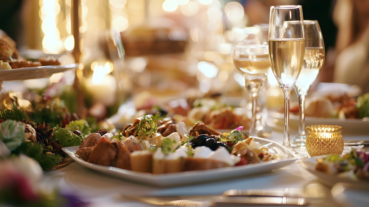 Table with catering food and drinks for the event, celebration concept, hospitality, and party service.
