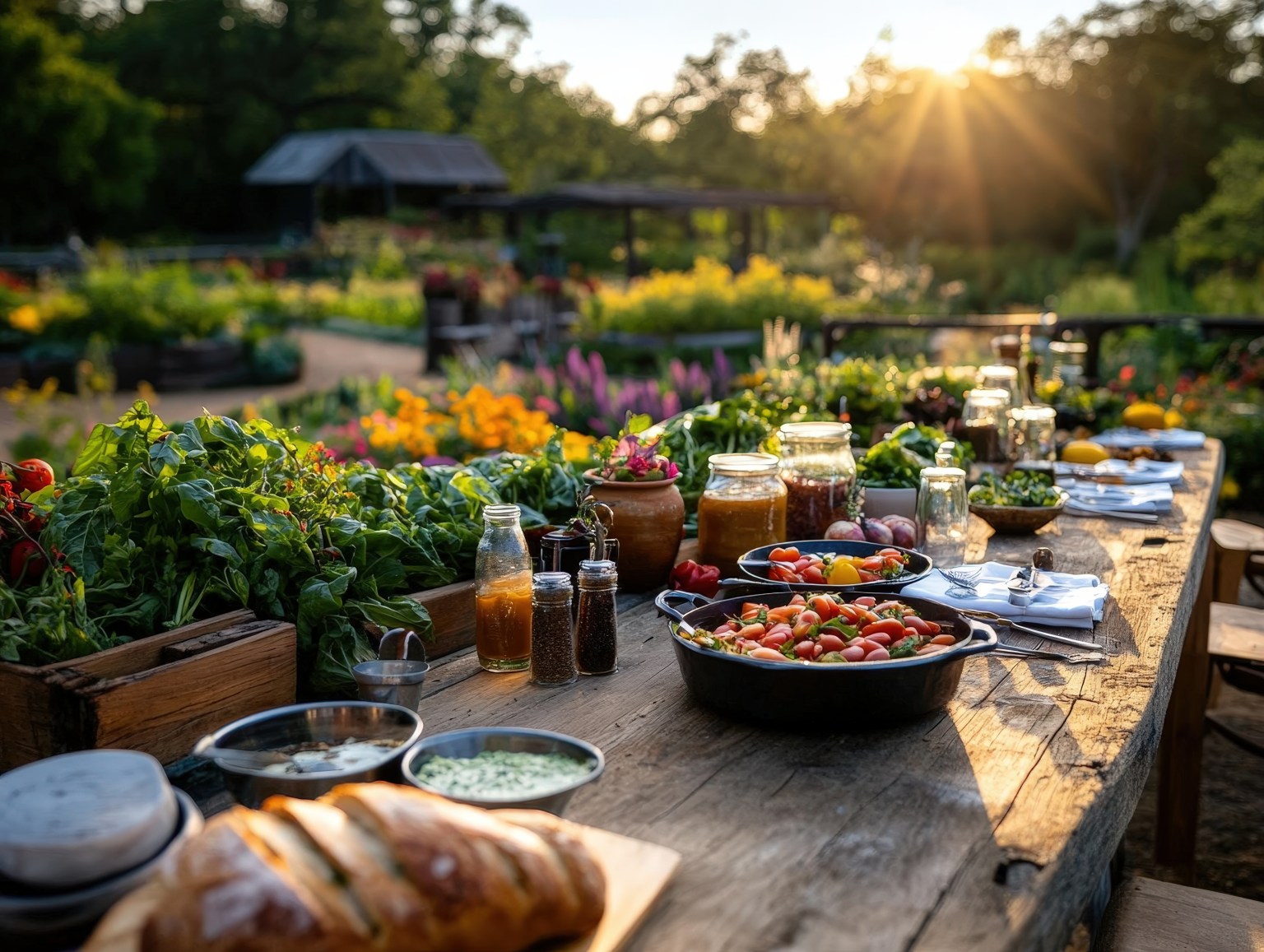 Rustic outdoor table at sunset set with breads, vegetables, sauces, and potted plants