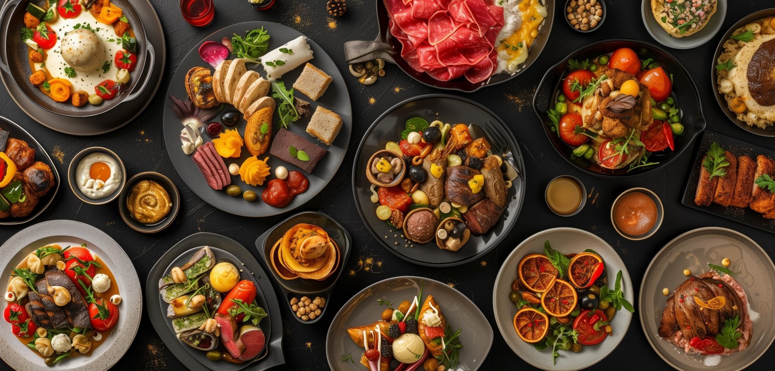 An overhead grid of many small dark plates holding different dishes