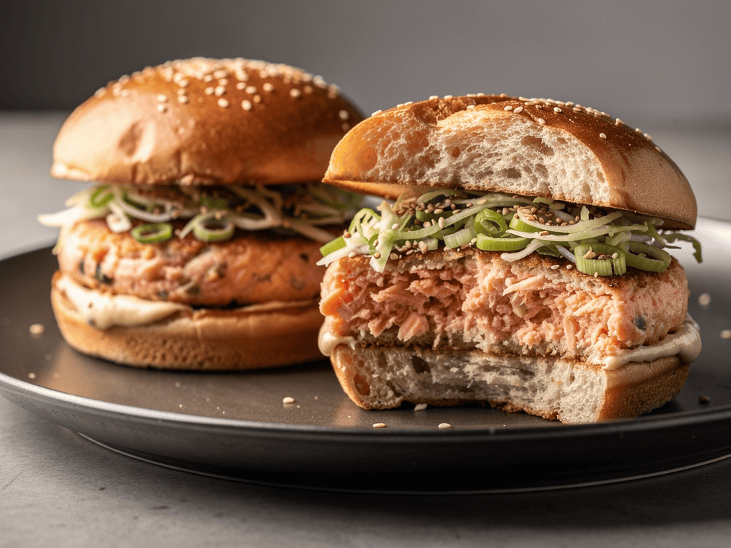 Salmon burgers with ginger, scallion, sesame slaw, and toasted buns.