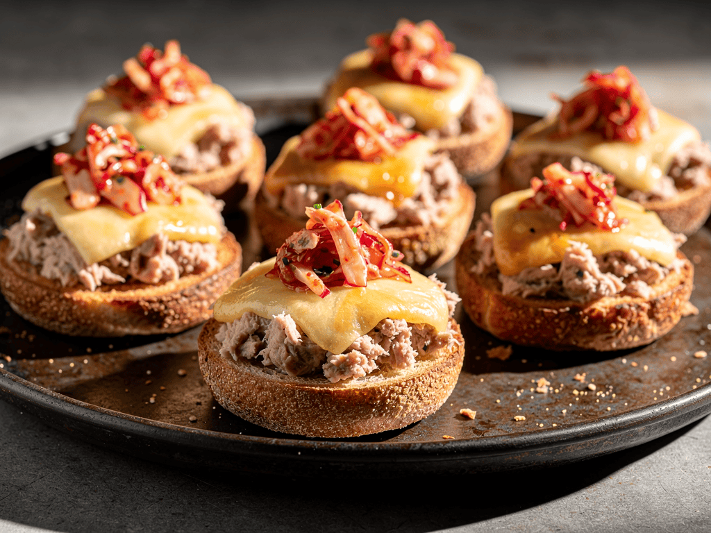 Mini tuna melts with browned cheddar, kimchi, scallion, and toasted rye.