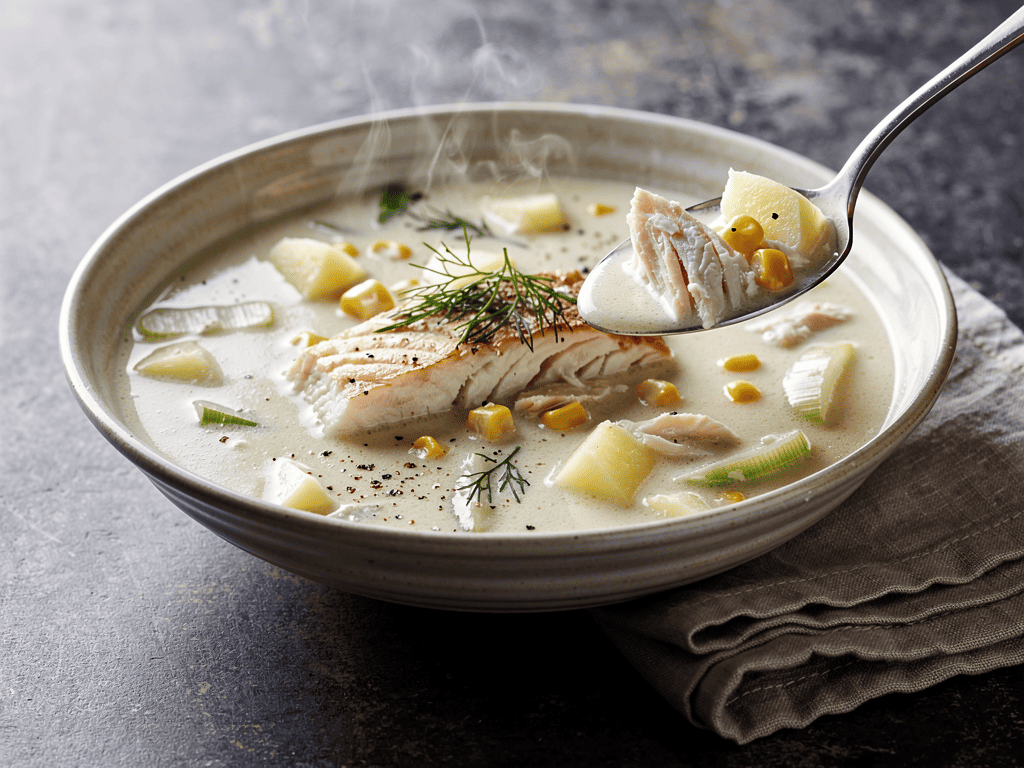 Smoked haddock chowder with corn, potatoes, leek, dill, and a spoonful lifted from the bowl.