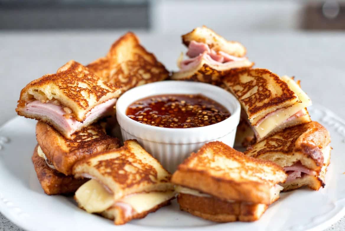 French toast Monte Cristo bites with pepper jelly mustard