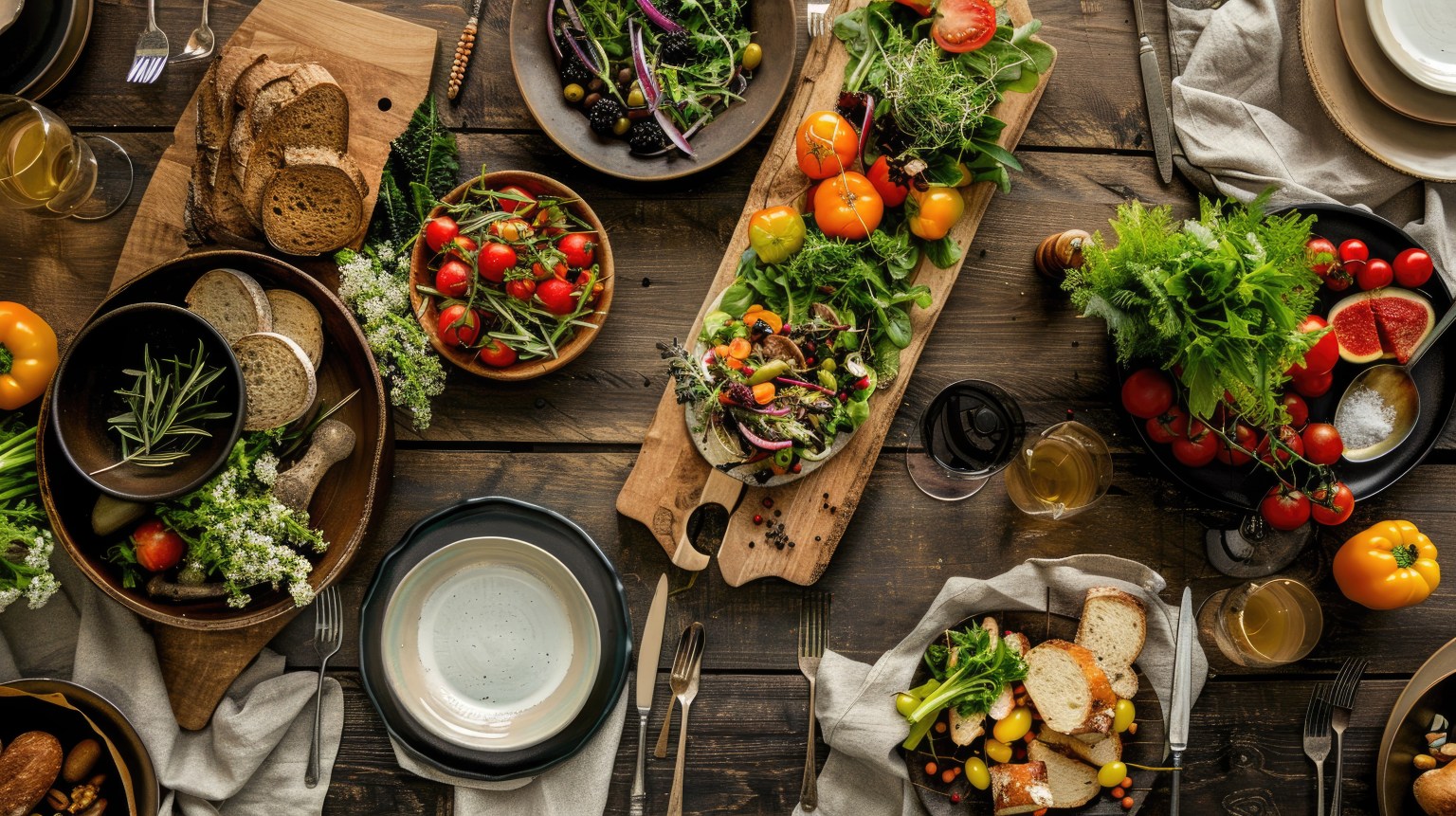 Rustic farm-to-table dining spread with fresh vegetables and bread