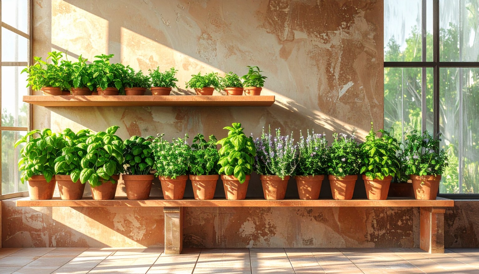 Modern wooden planter box with lush green herbs on balcony.