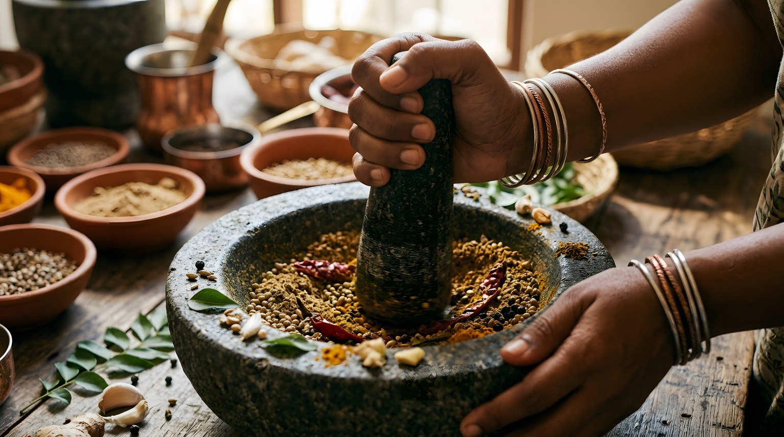 Woman grinding spices in mortar. Preparing herbs with pestle