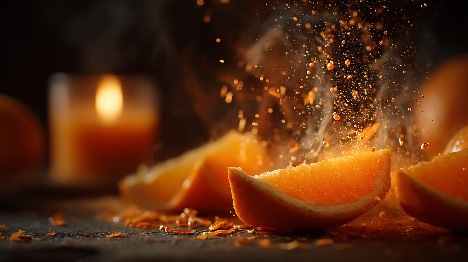 Dynamic close up of fresh orange slices with juice splashes and mist