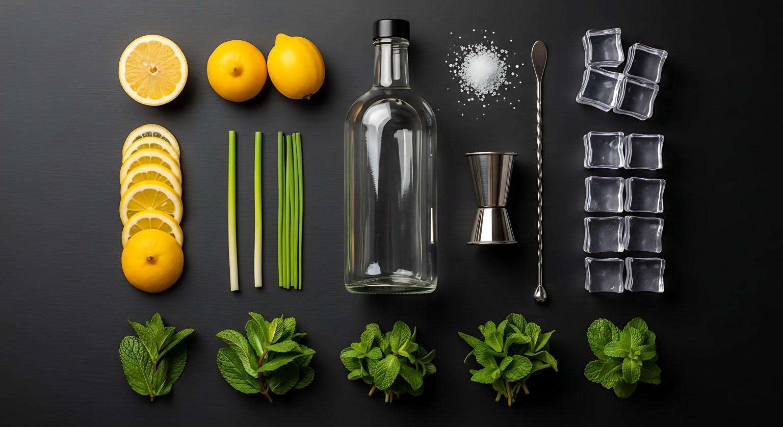 Cocktail ingredients and bar tools arranged for drink and zero-proof service