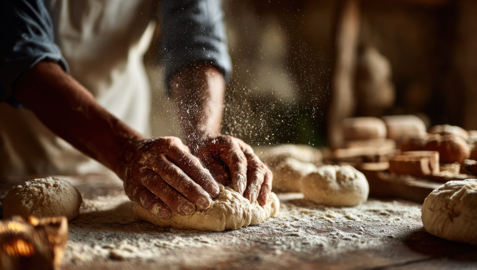 Hands kneading bread dough on a floured wooden surface in a warm kitchen