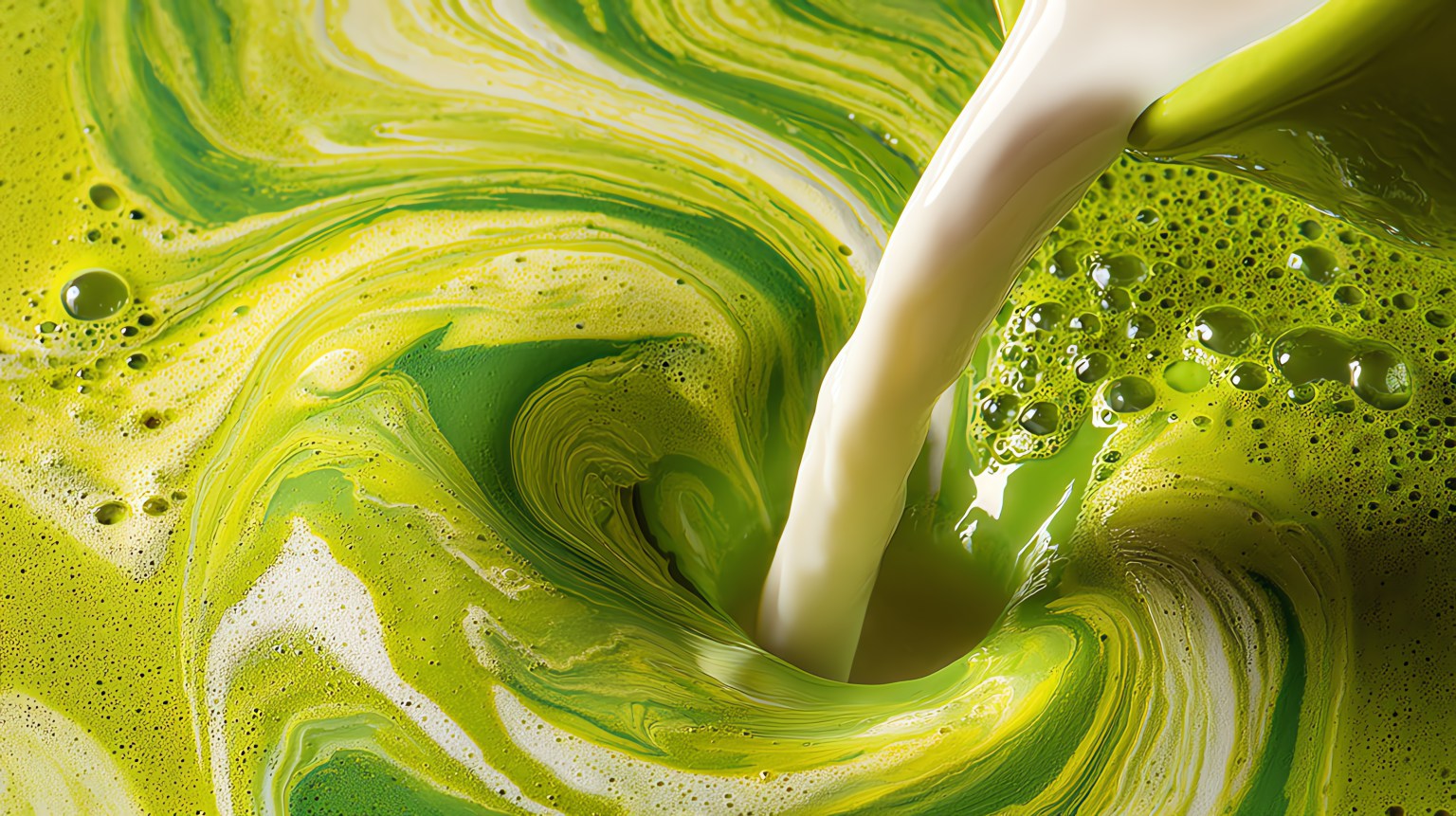 A vibrant swirl of green and white liquid, creating a stunning abstract pattern in a bowl.