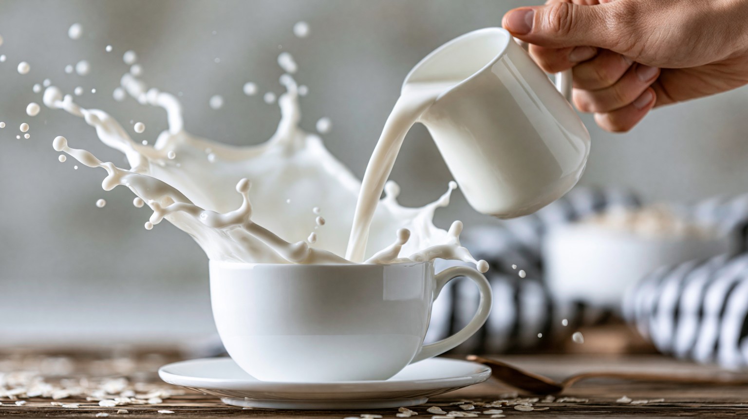 Healthy breakfast milk splash representing nutritious morning dairy routine, dynamic nutrition concept, food photography, blurred neutral background, with copy space