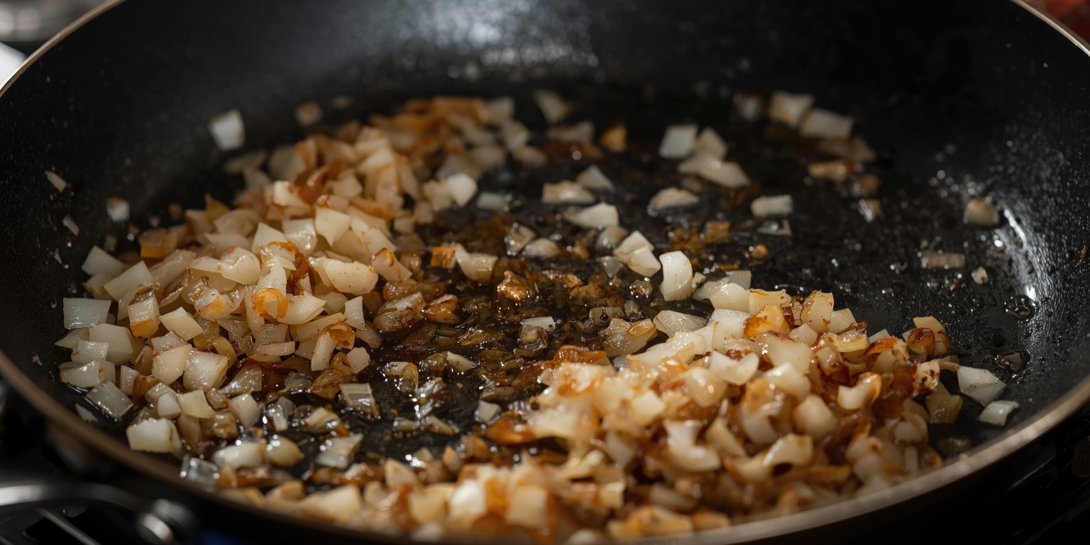 Onions sautéing in a frying pan on a stove
