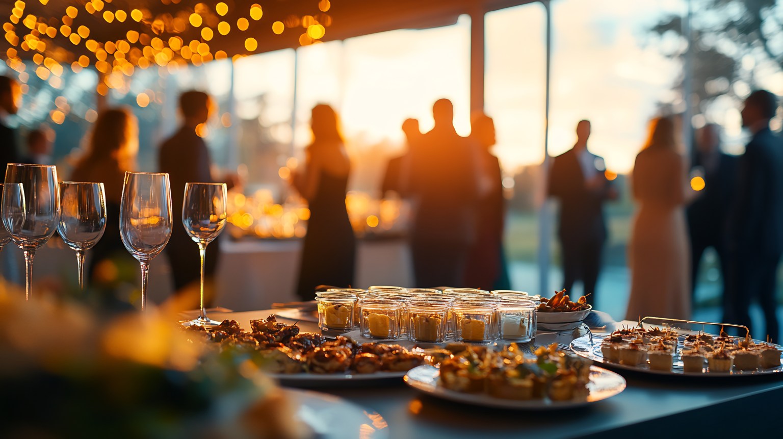 Buffet table with appetizers and wine glasses at an outdoor gathering
