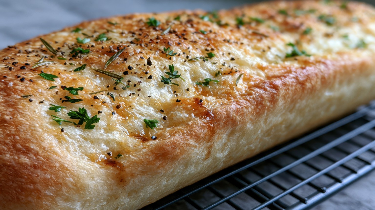 A browned cheese-topped slab cooling on a wire rack, scattered with herbs