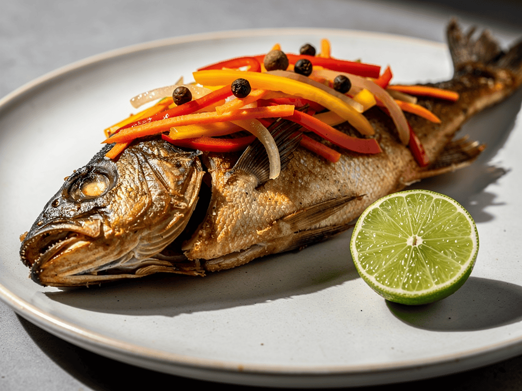 Crisp escovitch fish topped with carrots, peppers, onions, and allspice.