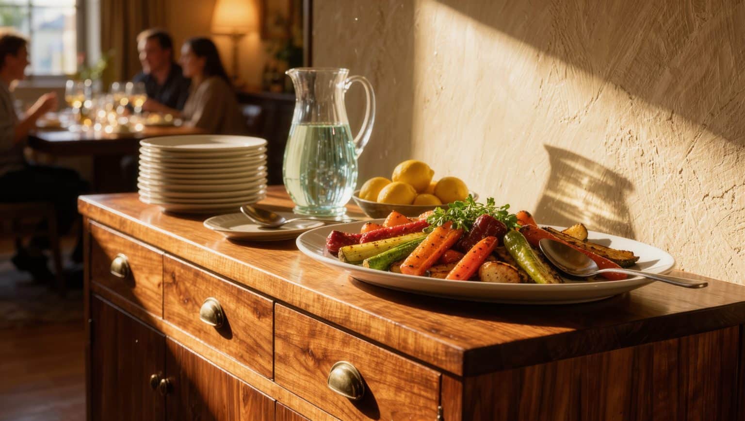Late golden light across a walnut sideboard set as a service station, with stacked plates, a platter of roasted vegetables, a serving spoon at rest, a backlit glass pitcher and lemons, a dinner party underway behind