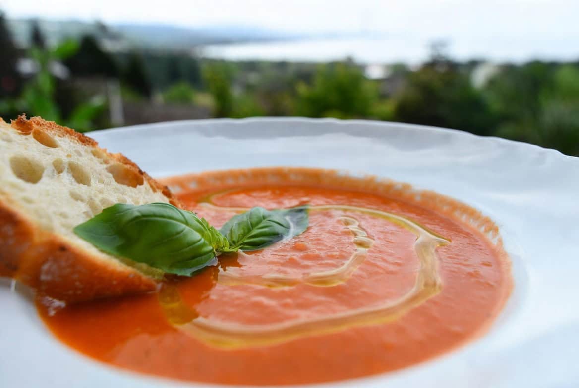 Silky tomato white bean soup with basil and olive oil