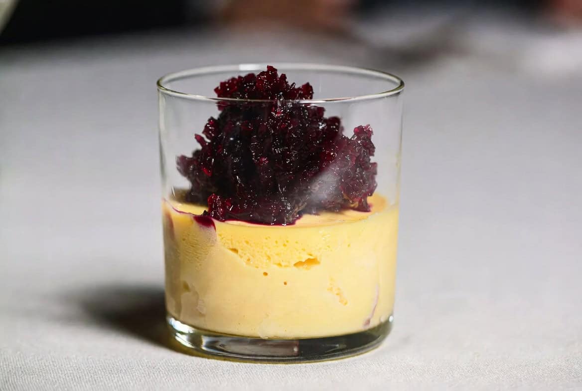 Corn panna cotta with blueberry-balsamic granita