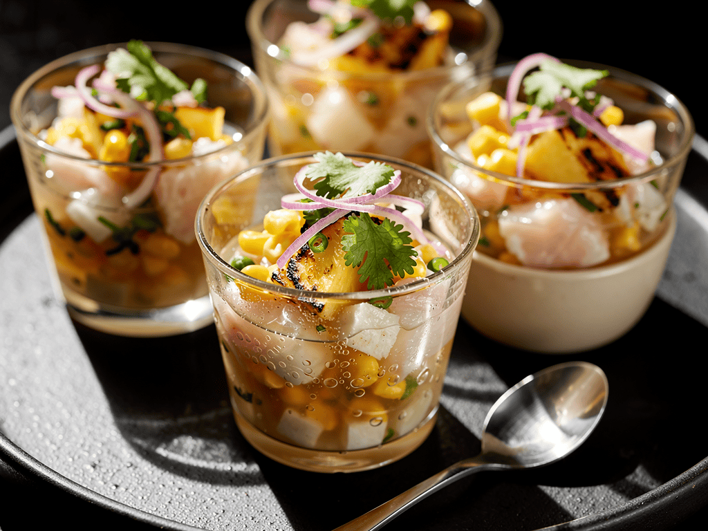 Fish ceviche cups with charred pineapple, toasted corn, red onion, jalapeno, and cilantro.