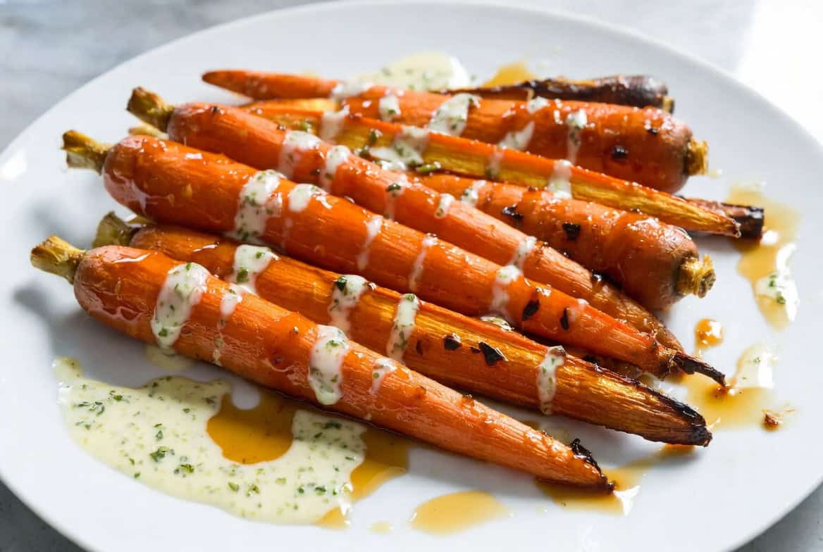 Sweet-tea glazed roasted carrots with buttermilk herb dressing