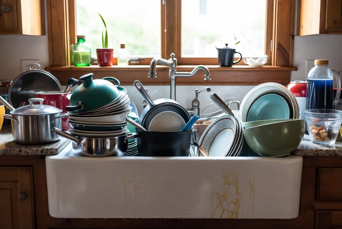 Farmhouse sink piled high with dirty pots pans plates after a dinner party