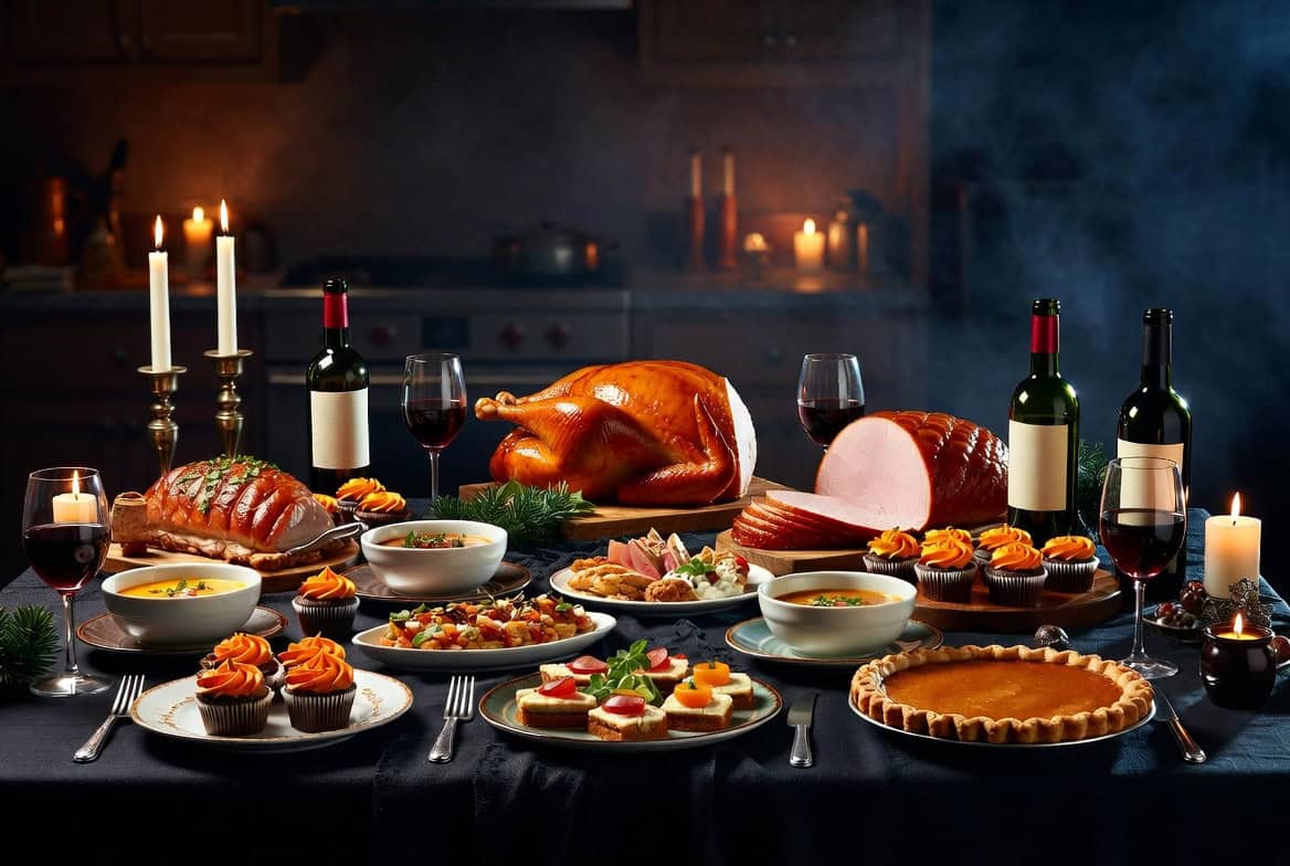 Moody holiday menu table with roast, pies, drinks, and candlelight